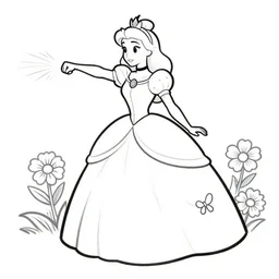 figure princess superhero punching crime in a ballgown, flowers, disney, marvel, cape, dress, powerful, beautiful, in the coloring book style, black and white, simplified, minimal