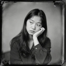 bored chinese girl, old vintage photography, damaged photo, daguerreotype, ambrotype, black and white, archive, film artifacts, scratches, tears, hyperrealistic, ultra detailed