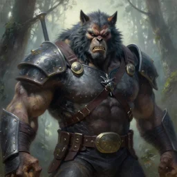 frazetta hulked oversized werewolf cyborg wolf concept art macro medium close up shot, rugged werewolf as barbarian zombie wearing war soldier uniform armor in deep forest, mist, overcast, backlighting, oil painting by greg rutkowski, by frazetta and greg rutkowski