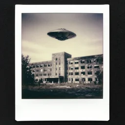 old polaroid of an ufo flying above an abandoned hospital during world war 2, award winning, fallout, pictorialism, black and white, daylight