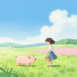 landscape, a girl talking to a pig, a picnic basket, gentle gradients, sunlit, blue sky, japanese countryside. green and pink and blue, bright pastel watercolour, by chihiro iwasaki