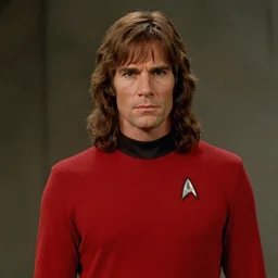 A still of Aragorn on Star Trek: The Original Series, red shirt, sharp focus, high quality, very realistic, 4k