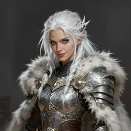 portrait of a gorgeous female barbarian with white hair, pale blue eyes, looking at camera, D&D, fur cape, plated armor, long wild spiky hair, intricate, elegant, stylish, cocky smirk, fantasy, extremely detailed, digital painting, artstation, concept art, smooth, sharp focus, illustration, stunning lighting, art by artgerm and greg rutkowski and alphonse mucha and simon stalenhag