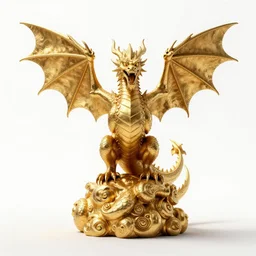 mysterious dragon perched on gold, studio photography, full body, standing, isolated on a pure white background, centered, whole figure in frame, sharp focus, studio lighting