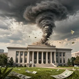 A tornado made of cash hitting a government building, landscape art, concept art, intense