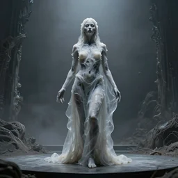 godess woman with translucent material, waxy, skin, grotesque, organic, stands on epic stage, eeri, post apocaliptic, desaturated, 8K matte, bad gray and blue lighting, biomechanical landscape, epic scene by Emil Melmoth by Adrian Smith