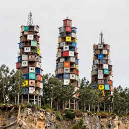 three large towers, made up of stacked squatter shacks and brutalist makeshift shelters with bright colours, surrounded by long eucalyptus trees, suspending over a cliff, phase one, uniform plain sky, fine details, photographed by frans lanting