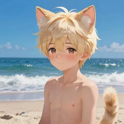 character portrait of a blushing emo boy with cat ears and tail shirtless at beach, fluffy, medium shot, fantasy painting, concept art, global illumination, tankoban, 4 k, fantasy painting, hyper detailed, pixar animation, 8 k, studio light, award winning, by artgerm, sylvain sarrailh, rossdraws, wlop, beautiful!.