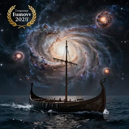 a medieval viking longboat rowing through an ocean that is a nebula, several supernovae in the background, stellar explosions spewing streams of gas into space
