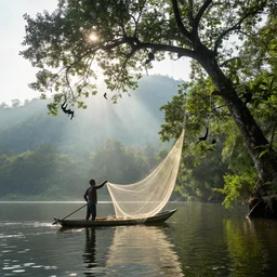 a photography from a fisherman in a small paddle boat, throwing out a net at situ gunung lake, sukabumi west java indonesia. the ray of light comes through in the morning around 6 - 7 am. the vegetation is dominated by the damar tree, with lutung jawa trachypithecus swinging from the tree, god rays, raytracing effects, 8 k, photorealistic, 2 4 mm