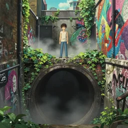anime movie screenshot, person standing in edge of large round sewer pipe in underground london sewer, overgrown vines, bricks, street art, graffiti, colorful mural on walls, submerged dramatic, misty, cinematic lighting, ghibli, sharp focus, by koji morimoto, by tatsuyki tanaka, 4 k