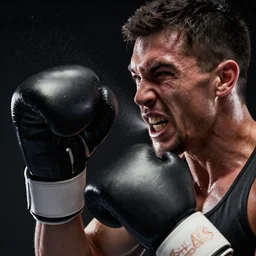 boxer punching self in face, teeth flying out of mouth