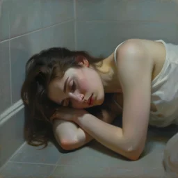 painting of sad woman, alone, lying on the floor of a bathroom