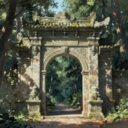 concept art painting of an ornate ancient stone archway, in the woods, realistic, detailed, cel shaded, in the style of makoto shinkai and greg rutkowski and james gurney