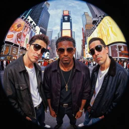 anime key visual of three beastie boys in new york times square, style of jamie wyeth james gilleard edward hopper greg rutkowski acrylic painting, preserved museum piece, historical, closeup, fish eye