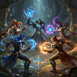 5 league of legends fantasy characters fight with magic in big cave, action scene, lumen reflections, sharpened, insanely detailed and intricate, hypermaximalist, elegant, ornate, hyper realistic, super detailed, digital art, bokeh blur