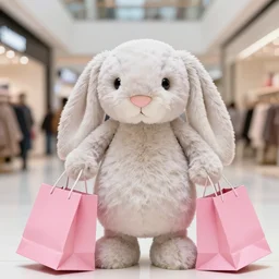 a fluffy cute plush rabbit is shopping in the mall with pink shopping bags 8 k, hd