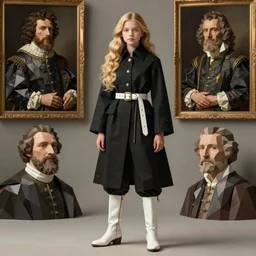cloth, black fabric coat, jodhpurs high white lether boots and belts, elena shinohara, fashion retro, elegant long hair blondie young girl, fantasy traveler, geometrical low poly, dainty renaissance portrait by michael garmash, sargent, greg rutkowski, gaston bussiere, rhads, craig mullins