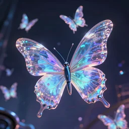 cyberpunk holographic butterflies, flying up, futuristic, in the style of Pixar animation, low angle view, 16mm lens, award winning, hyper detailed, dramatic lighting, artstation, octane renderer, unreal engine