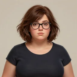 portrait of a heavy stocky petite romanian woman, brown hair, messy bob, brown eyes, romanian, glasses, wide shot, digital art, 8 k, trending on artstation