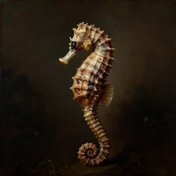 a rococo portrait of a seahorse, 1 8 th century painting. moody atmosphere, dark organic background