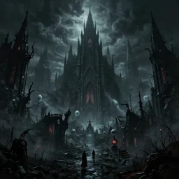 a gothic horror lovecraftian cityscape in an eternally dark haunted world full of demons and ghosts