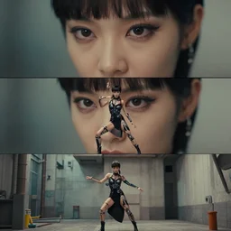 beautiful three point perspective film still of real - life funky pop cyborg dancer in ronin, extreme closeup portrait in style of frontiers in blade runner realistic miniature photography fashion architectural art studio seinen manga edition, soft lighting, kodak portra 4 0 0, 8 k, macro, cinematic style by emmanuel lubezki