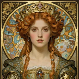 beautiful young medieval queen by james jean, jean delville, iris van herpen, raymond swanland and alphonse mucha, face centered portrait, highly detailed, hyper - real, art nouveau, ornate gothic icon with heavy patina