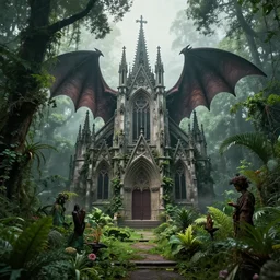 a gothic revival satanic cathedral in a lush dense verdant garden by jacek yerka and tim doyle and victo ngai and dan mumford, bat wings, mist, hyperrealism, volumetric lighting, god rays, highly detailed, sfumato, overgrown