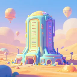 an apocalyptic cyberpunk building on mars, pastel, colorful, bright, cartoony, digital art