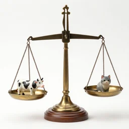 set of balance scales with weights, libra symbol, one cow figurine and one cat figurine in dish