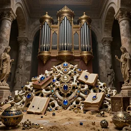 epic view of an ancient byzantine interior, ornate pipe organ on a pile of bones, music books covered in jewels, ornate, surrounded by strange statues and treasure, full of sand and dust, hyper real, Indiana Jones, Tomb Raider, trending on artstation, concept art, cinematic, jewels, by Greg Rutkowski