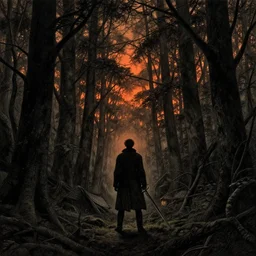 lonely man in coat with sword, dark forest, alone in the woods, rotogravure, dark, majestic, powerful, dark fantasy manga artstyle, sunset, dramatic illumination, 4 k, by gustave dore and, small cabin
