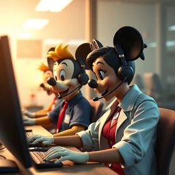 disney characters working at a call center, sharp focus, photography, unreal engine, trending on artstation, photorealistic, octane, trending on deviantart