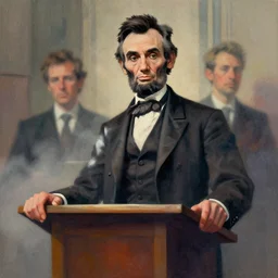portrait of a abraham lincoln at a podium, colorful, modern art deco, mads berg, karolis strautniekas, christopher balaskas, stippled light, fog, moody, fine texture, editorial illustration, dramatic lighting, dynamic composition, detailed, matte print, dynamic perspective, muted color, ( ( victo ngai ) ), wide angle