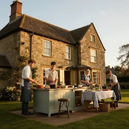 photo of a kitchen in a victorian country house with maids cooking dinner, very very very low point of view, golden hour