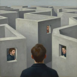 first person view of a stark concrete maze, people peering into portholes, grant wood, pj crook, edward hopper, oil on canvas