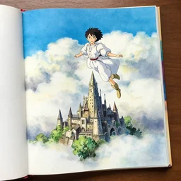 sky fortress laputa hayao miyazaki flying high in the sky, watercolor illustration for a book