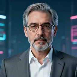 corporate man in a gray suit with white shirt and glasses, with facial features how wallace breen, with gray hair and a beard, av - 4 in cyberpunk on background, detailed portrait, sharp focus