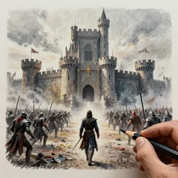 pencil art, distant shot, realistic, cinematic, hyper detailed, smooth, hero walking up to the castle to fight an evil army.