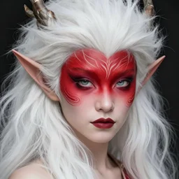 Portrait of Aurora Aksnes dressed as Princess Mononoke with red facepaint under her eyes, white fur, face, fantasy, intricate, elegant, highly detailed, digital painting, artstation, concept art, smooth, sharp focus, illustration, art by Fernanda Suarez and Artem Demura and alphonse mucha