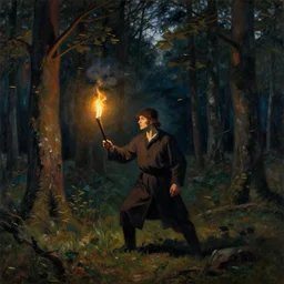 a lone man with a torch defends himself in a forest clearing by Beksinski, 4k, masterpiece