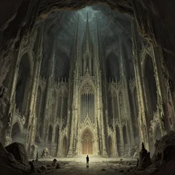 massive subterranean gothic citadel by Les Edwards and Delphin Enjolras and moebius, dramatic scenery, artstation, octane,