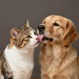 cat and dog licking each other, cute drawing, concept art, trending on Artstation, realistic, very beautiful fur, perfect animal