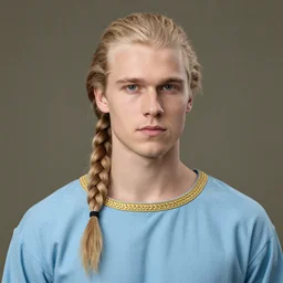 portrait of a young blond scandinavian man who is cleanshaven, has his hair in one long braid, and is wearing a light blue tunic with a gold tabletwoven trim along the collar