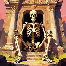Giant skeleton remains sitting down guarding the temple door ruins, digital illustration, Dan Mumford, vibrant colors