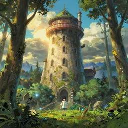 a massive miyazaki wizard tower in a clearing in the forest, ghibli, pixar, mohrbacher, james jean, breath of the wild, golden hour, magical, cinematic, moebius