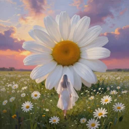 giant white daisy flowers as head, girl with veil walking in a flower field, surreal photography, sunrise, dramatic light, impressionist painting, colorful clouds, digital painting, artstation, simon stalenhag