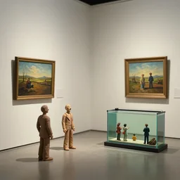plasticine sculpture stop motion. salvador dali models. gallery paintings figures clay. minimal. tilt shift. fish tank. visitors. photorealistic. john craxton. small hole in wall