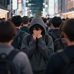 anime guy in hoodie hiding behind a crowd of people in tokyo, wlop, concept art, digital painting, trending on artstation, highly detailed, epic composition, 8 k uhd